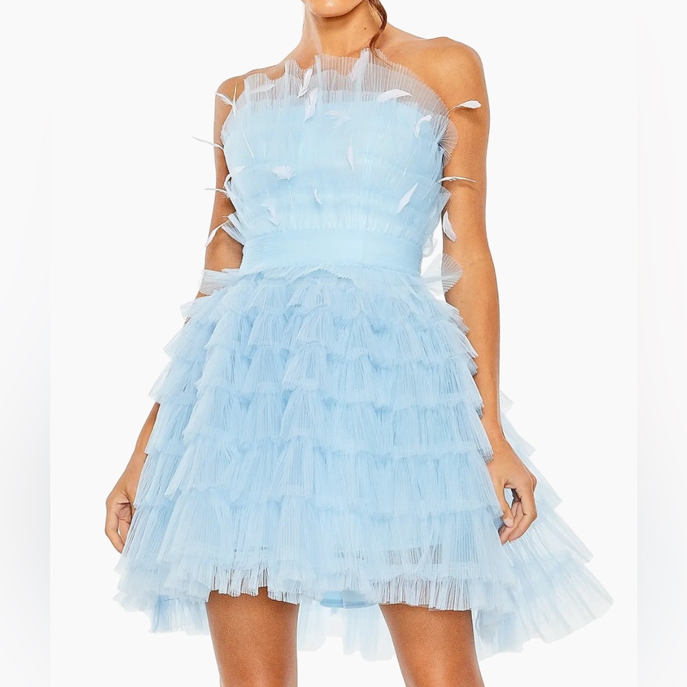 NWT Mac Duggal Feathered Strapless Tulle Fit + Flare Dress Powder Blue - Sz 10 - Picture 2 of 8